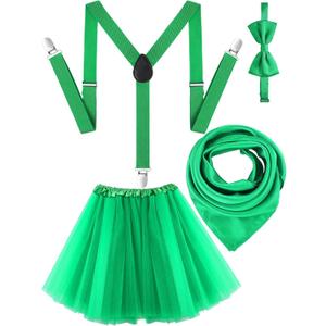 Bencailor 4 Pieces St. Patrick's Day Costume Accessories Set Including Adjustable Clip on Y Shape Suspenders Bow Tie Elastic Layered Tutu Skirt Large Satin Head Scarves for Men Women