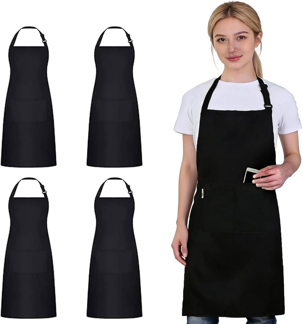 Kitchen Aprons for Cooking, 4 Pack Black Adjustable Bib Aprons with Pockets, Water Oil Resistant Chef Aprons for Men Women