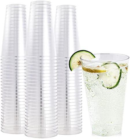 FOCUSLINE 100 Pack 16 oz Clear Plastic Cups, Disposable Cups Large Reusable Plastic Tumblers, Heavy-duty Clear Hard Cups 16 Ounce for Wedding Party, Thanksgiving, Halloween, Christmas