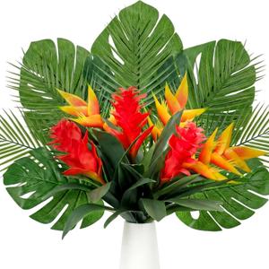 Hotop 12 Pcs Artificial Tropical Bouquet Artificial Tropical Flowers Centerpieces for Tables Bromeliad Monstera Palm Leaves and Heliconia for Hawaiian Party Birthday Wedding Table Decor
