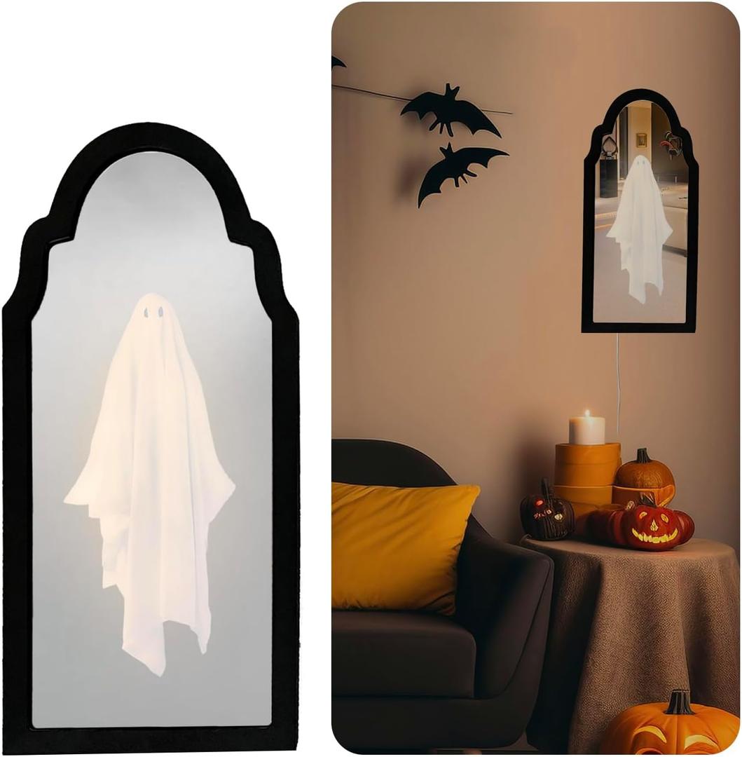2025 Halloween Ghost Mirror with Wood Flame  Hologram Ghost Mirror, Spooky Halloween Decor for Indoor Spaces, Bedroom, Kitchen, and Fireplace Decoration (15"L x 6.9"W, Black)