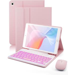 for iPad mini 5 (2019) & Mini 4 (2015) Case with Keyboard for iPad mini 5th 4th Generation 7.9" - 7 Colors Backlit Keyboard Case - Built in Pencil Holder with Mouse - Pink