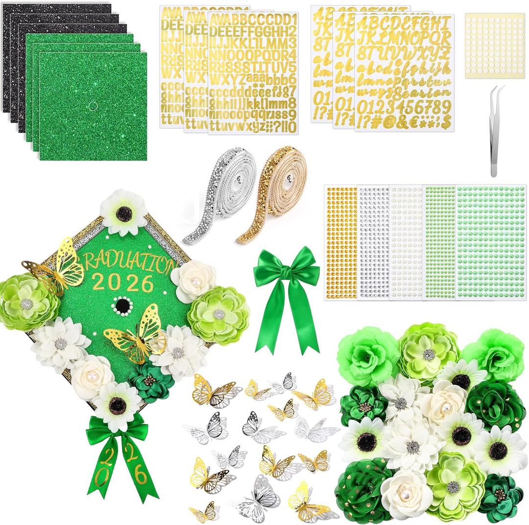 Wavwavw 62 Pcs DIY Graduation Cap Decorations Kit Include Faux Flowers 3D Butterfly Bow Self Adhesive Rhinestones and Alphabet Letter Stickers for 2026 Grad Cap Topper Decor Graduation Party(Green)