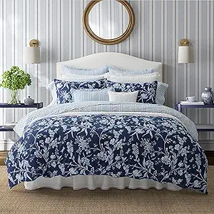 Laura Ashley- Queen Comforter Set, Cotton Reversible Bedding Set, Includes Matching Shams with Bonus Euro Shams & Throw Pillow Covers (Branch Toile Blue, Queen)