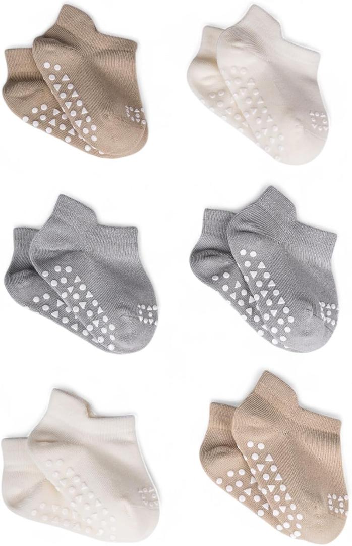 Anti Slip Low Cut Socks With Grips For Babies Infant Toddlers Kids Boys And Girls, Non Skid Ankle Socks (6-12 Months, Pack of 6, Biege)