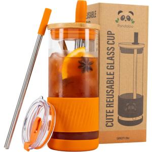 Pandaloo Glass Cups With Lids and Straws -20 Fl Oz- Perfect Size Iced Coffee Cup - Smoothie Cup With Bamboo Lid and On the go Lid - Glass Tumbler With Straw (1 Count (Pack of 1), Autumn Gold)