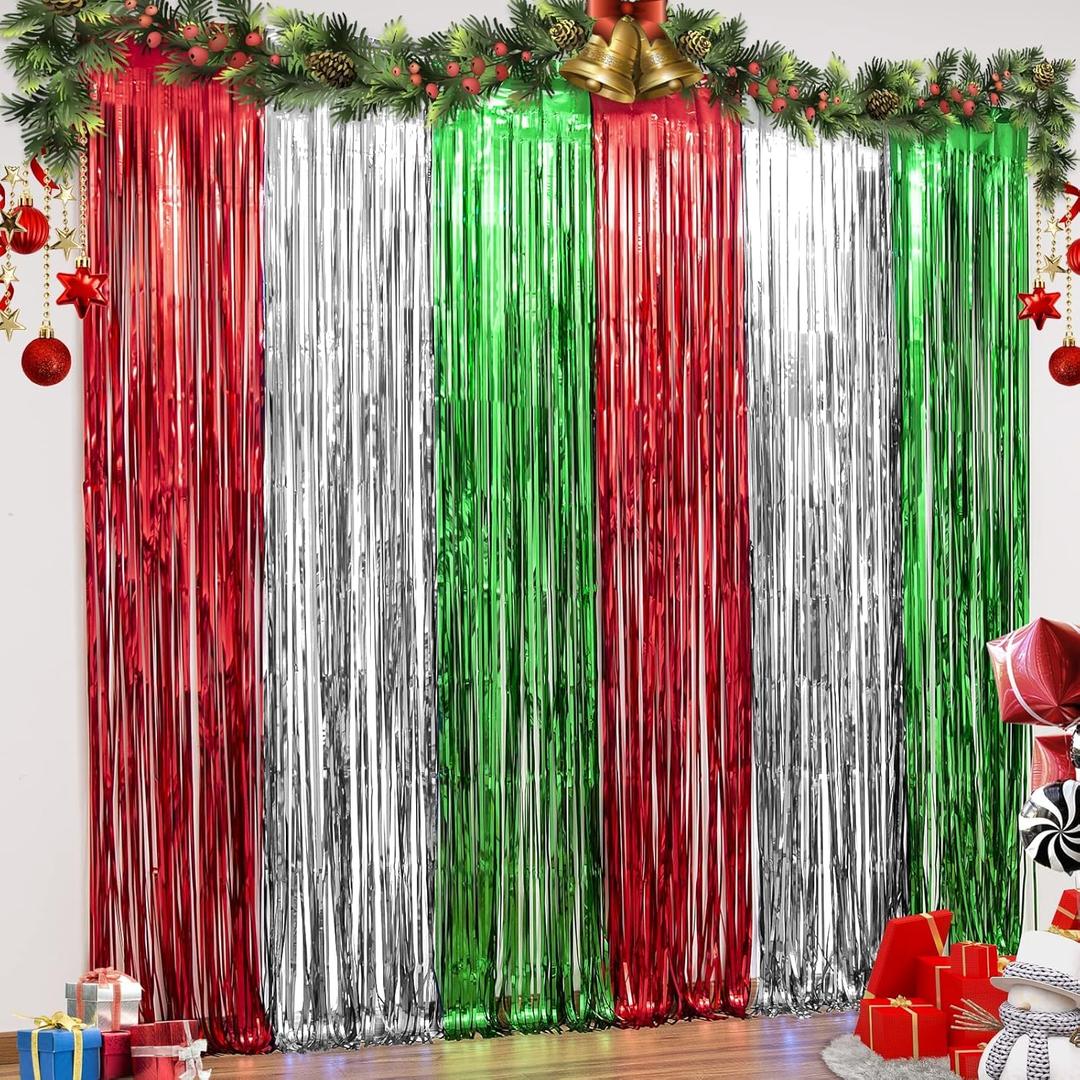 LOLStar 3 Pack Christmas Party Decorations 3.3 x 6.6ft Foil Fringe Curtains Red Silver Green Tinsel Metallic Photobooth Props Backdrop Streamers for Christmas in July, New Year, Ugly Sweater Party