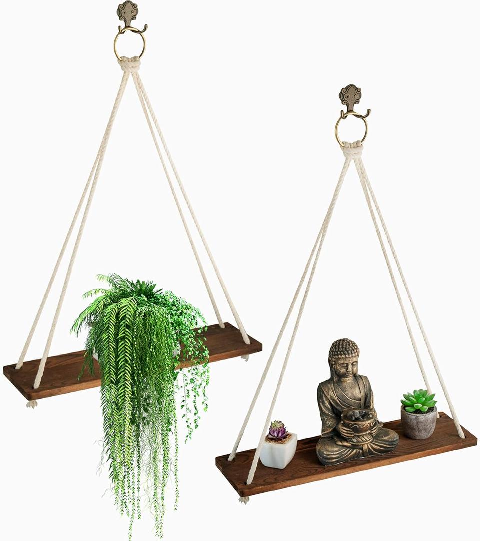 t of 2 Rope Shelves for Wall Hanging Shelf - Room Decor - House Decor - Rope Shelf | 2 Vintage Decor Hooks 2 Big Brass Rings Rope Hanging Shelves for Wall (Torched Rustic Brown)