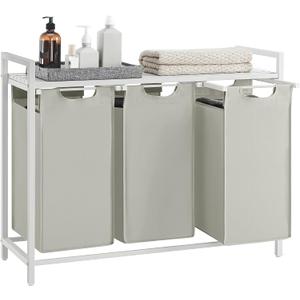VASAGLE Laundry Hamper, Laundry Basket, Laundry Sorter with 3 Pull-Out and Removable Bags, Shelf, Metal Frame, 3 x 10.6 Gallons (40 L), 36.4 x 13 x 28.4 Inches, Cream White and Cloud White UBLH301W01, 3 Bags - 120 L