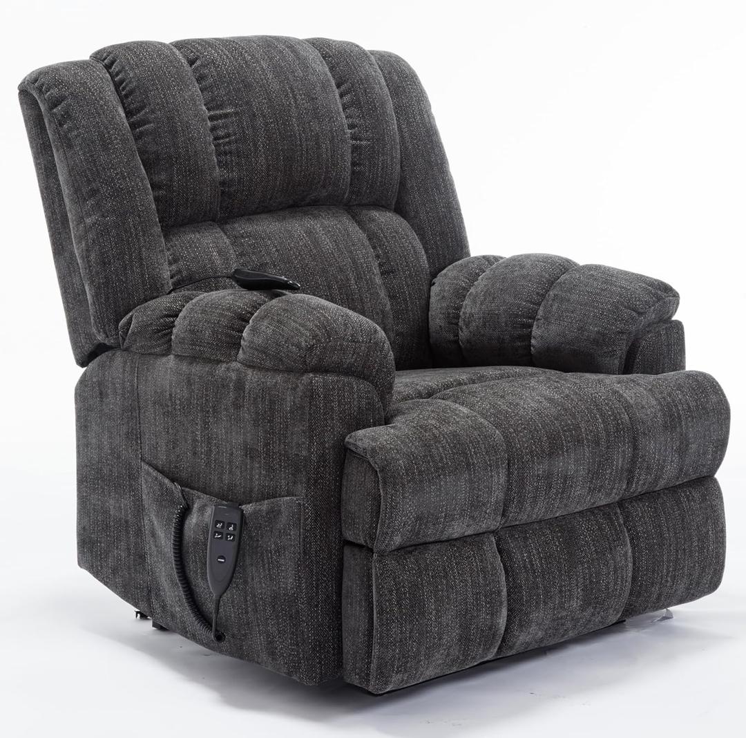 Power Lift Recliner Chair for Elderly, Oversized Chenille Electric Recliners Chairs for Living Room, Dual Motor 180 Lay Flat Recliner Big Sofa with Massage and Heating, Heavy-Duty, Grey