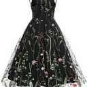 Women Keyhole Floral Embroidery Dress Sheer Mesh Illusion Vintage Cocktail Swing Dress Wedding Party Prom Tulle Evening Dress (Black, XXL)