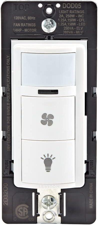 Leviton Decora in-Wall Combination Occupancy Sensor with Fan Switch, Auto-On or Manual-On, 1/4 HP, Residential Grade, Single Pole, White, DOD05-1LW