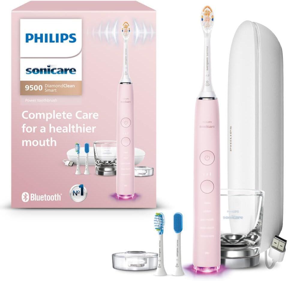 Philips Sonicare DiamondClean Smart 9500 Electric Toothbrush, Sonic Toothbrush with App, Pressure Sensor, Brush Head Detection, 5 Brushing Modes and 3 Intensity Levels, Pink, Model HX9923/21 (1 Count (Pack of 1), New Pink)