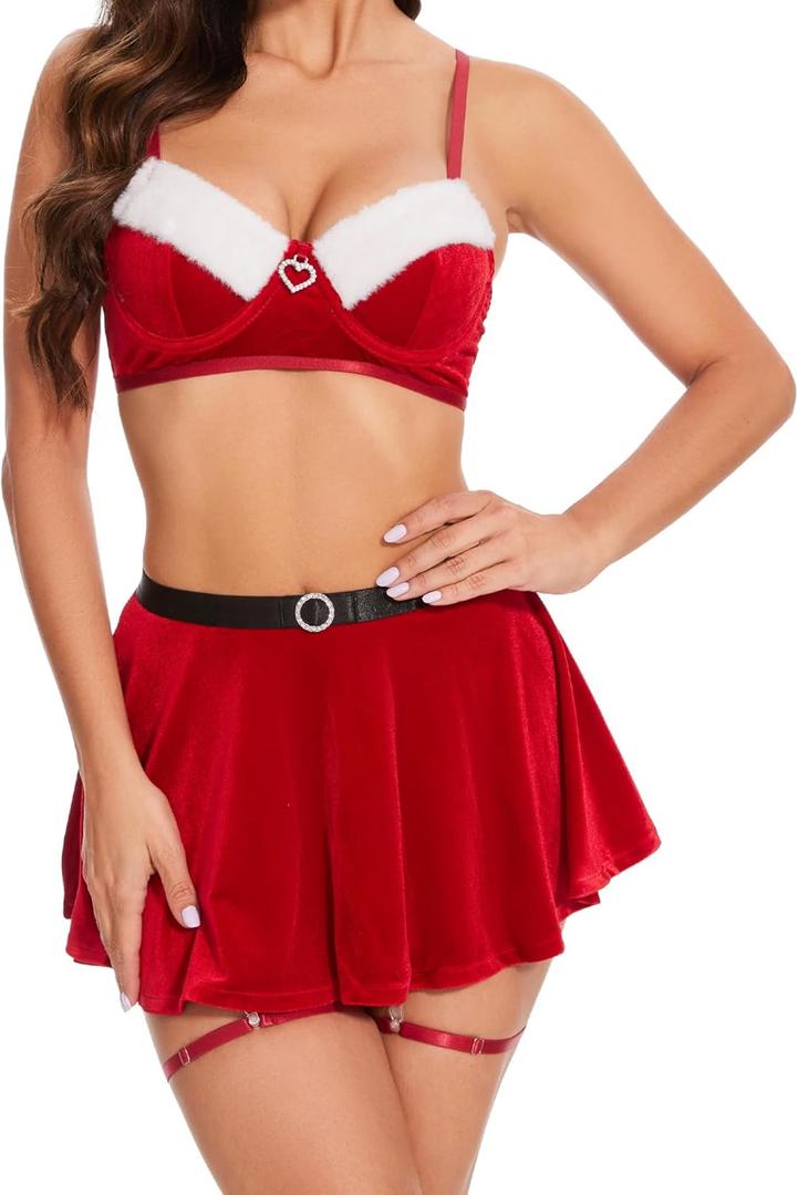 Lidogirl Women Tie-Front Crop Top And Lace Trim Plaid Skirt Set With Stockings XS-2XL (Large, Christmas Red)