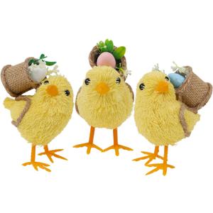 DR.DUDU Set of 3 Easter Decorations 4.5" Straw Chick Figurines with Egg Baskets, Realistic Baby Chick Tabletop Decor, Sisal Chicken Statue Farm Animal Spring Decor for Home Kitchen Office Farmhouse