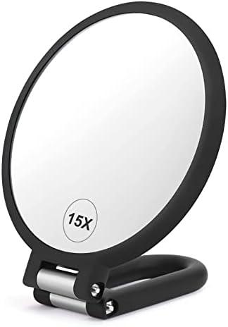 CLSEVXY Magnifying Handheld Mirror Double Sided, 1X 15X Magnification Hand Mirrors, Travel Folding Hand Held Mirror, 360°Rotation Pedestal Makeup Vanity Mirror
