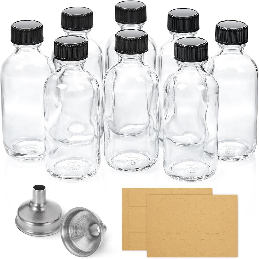 8 Pack, 2 oz Small Clear Glass Bottles w/ Lid & 2 Stainless Steel Funnels - 60ml Boston Sample Bottles - Mini Travel Essential or Decorative Bottles for Potion, Juice, Wellness, Ginger Shots, Whiskey