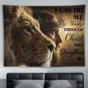 YJDYJD Lion and Jesus Christian Tapestry Wall Art I Can Do All Things Through Christ Scripture Fabric Wall Hanging, Inspirational Bible Verse Decor for Bedroom, Dorm, or Church, 80"L x 60"W