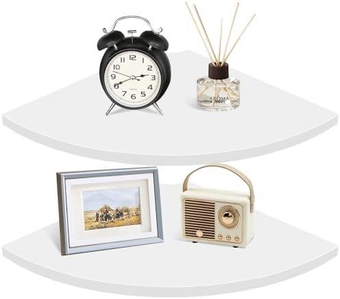 Homode Corner Wall Shelf, 12 in Wide Rounded Corner Shelf Floating, Set of 2 Wooden Hanging Corner Shelves with Wire Hole for Bathroom Living Room Office, White