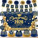 Blue Gold Graduation Decorations Class of 2026 Congrats Grad 2026 Banner and Backdrop with 2026 Graduate Party Centerpieces Hanging Swirls Streamers Tissue Pom Poms Paper Flower Set