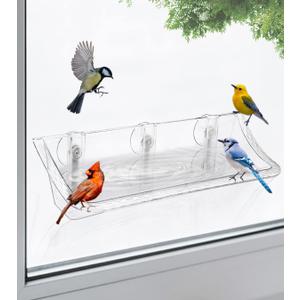 Clear Window Mounted Bird Feeder Bath with Strong Suction Cups for Outside, Transparent Glass Birdfeeder Birdbath for Cats, Kids, Elderly Viewing, 1 Pack