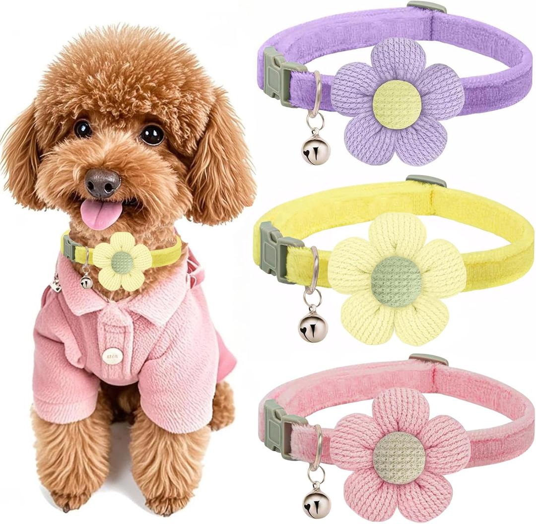 Small Dog Collar with Flower, Puppy Collars XS Dog Collars for Small Dogs with Bell for Girl Boy Little Dog (Pink + Purple + Yellow)