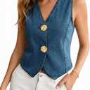 Tankaneo Womens Button Down Denim Vests Tops Trendy Summer Casual V Neck Cropped Jean Tank Tops Sleeveless Shirts (Medium, Blue)