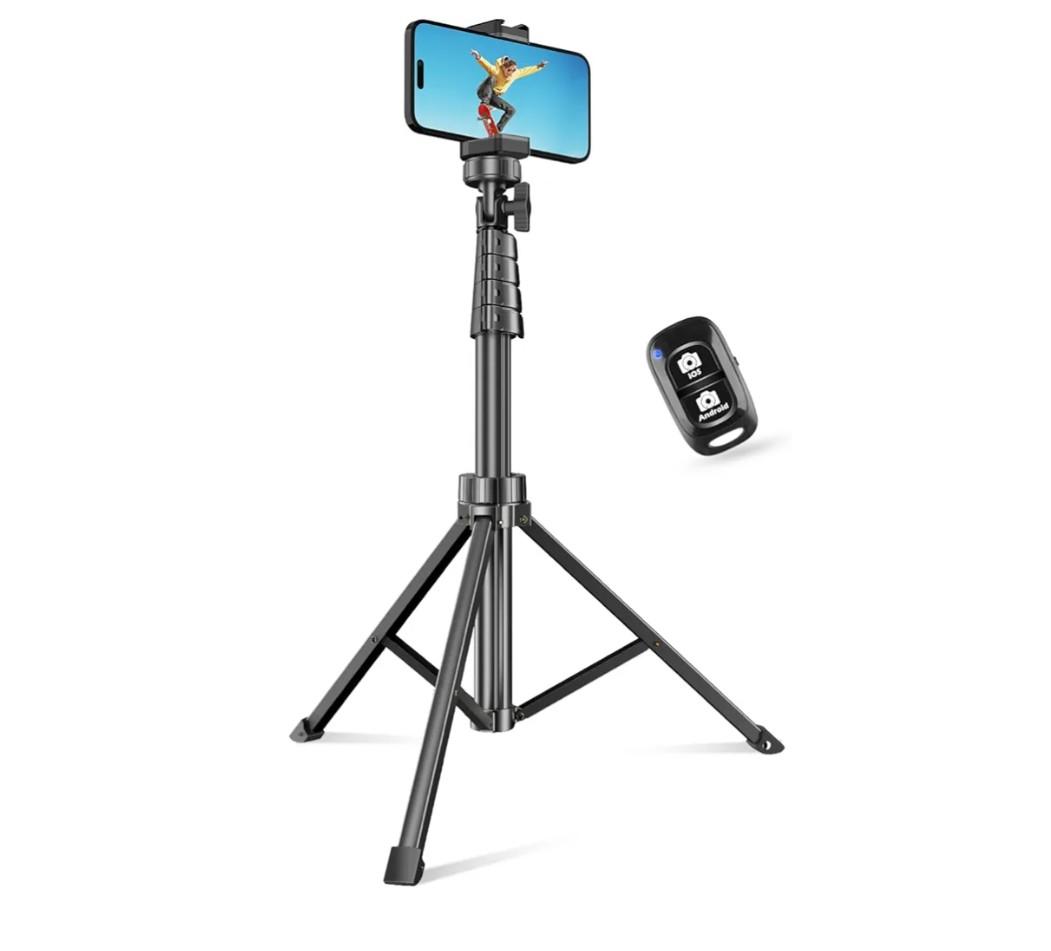 62" Phone Tripod & Selfie Stick, Extendable Cell Phone Tripod Stand  and Phone Holder, Compatible with iPhone Android Phone, Camera