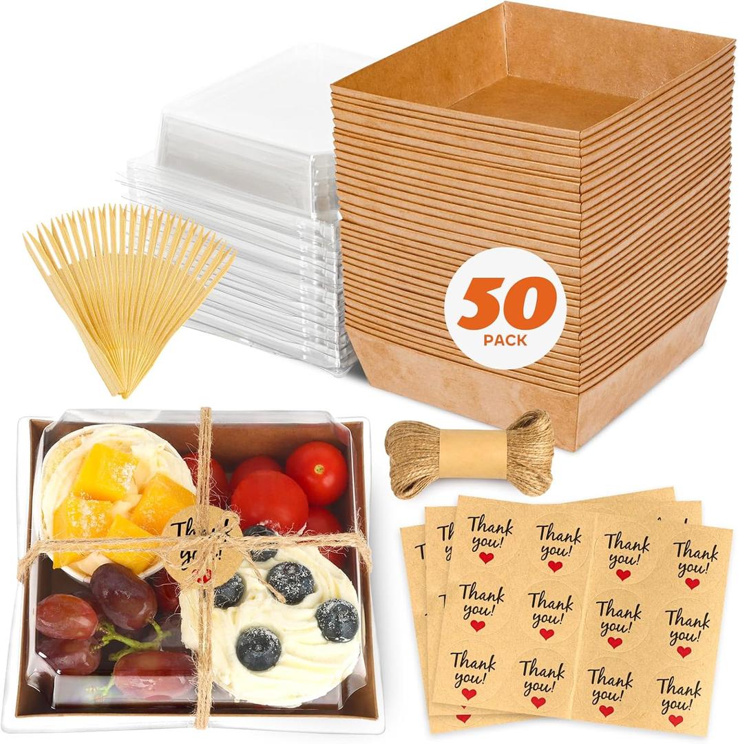 50Pcs Small Kraft Charcuterie Boxes with Clear Lids - Paper Mini Appetizer Plates for Sandwich, Cookie, Sushi, Cake Slice, and Strawberries
