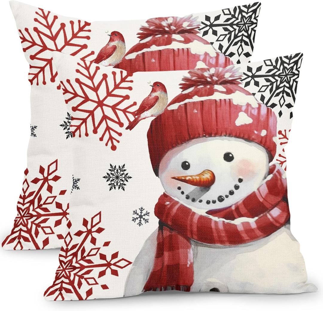 Kawani Winter Snowman Snowflake Pillow Covers 18x18 Inch Red Christmas Throw Pillow Covers Set of 2 Xmas Winter Holiday Pillowcases Cotton Linen Cushion Covers for Couch Home Decor
