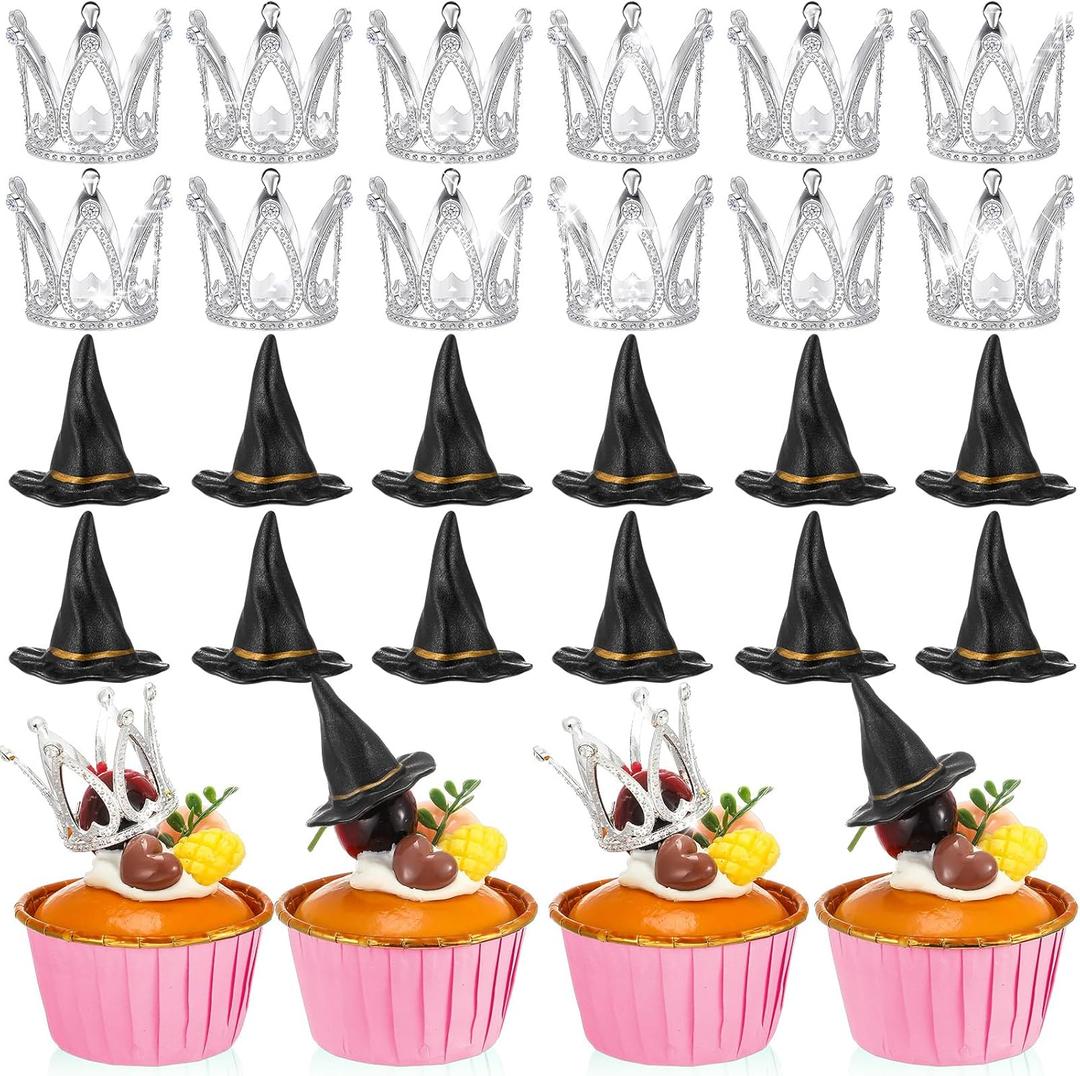 24 Pcs Witch Hat and Crown Cake Topper Witch Birthday Party Decorations Mini Wizard Hats Silver Crown Cupcake Toppers Princess Cake Accessories for Birthday Party (Classic)