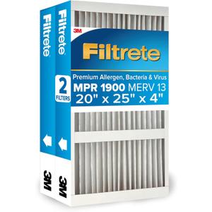 Filtrete 20x25x4 AC Furnace Air Filter, MERV 13, MPR 1900, Premium Allergen, Bacteria & Virus Filter, Electrostatic Air Cleaning Filter, 2-Pack (Actual Size 19.75 x 24.62 x 4.31 in)