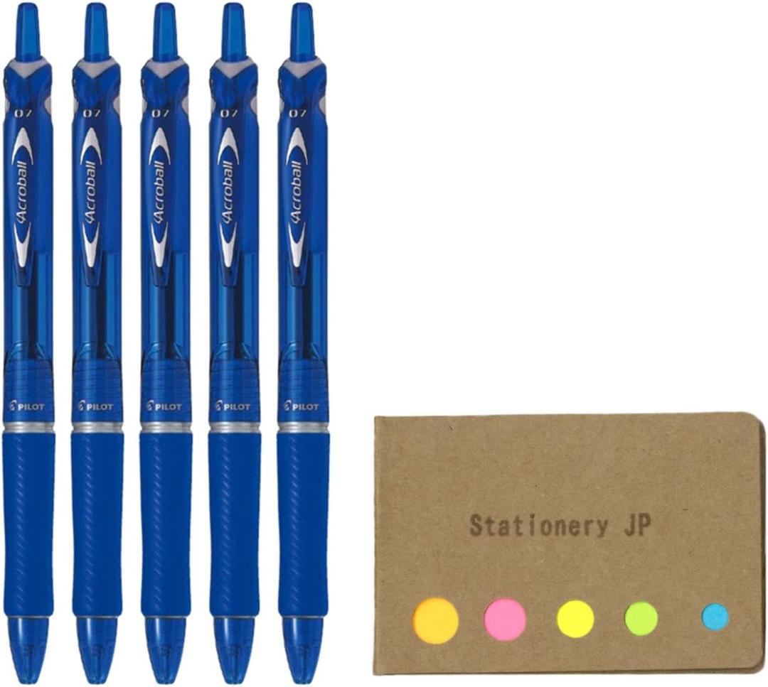 Pilot Acroball Retractable Advanced Ink Ball Point Pens, Fine Point 0.7mm, Blue Ink, Rubber Grip, 5-Pack, Sticky Notes Value Set