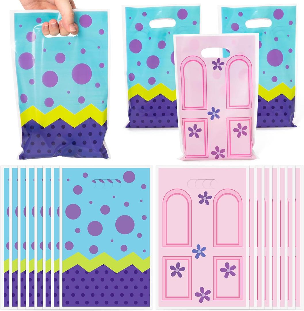 GaofanWai 50PCS Monster Party Favor Bags for Kids, Purple Pink Goodies Candy Treat Plastic Bags Bulk with Handles, Monster Party Decorations for Boys and Girls 1st 2nd Birthday Baby Shower Supplies