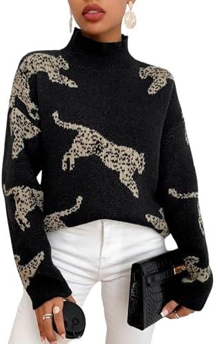 WDIRARA Women's Leopard Tiger Print Sweater High Neck Long Sleeve Fuzzy Knitted Pullover Top, XL
