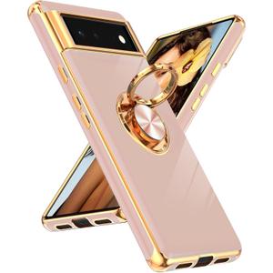 LeYi for Google Pixel 6 Case: 360 Rotatable Ring Holder Magnetic Kickstand, Plating Rose Gold Edge Protective for Google Pixel 6 Case, Pink