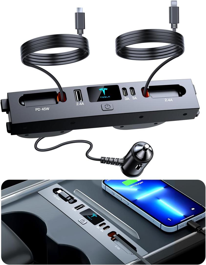 Car USB Charger Multi Port for 2024 2025 Tesla Model 3 Highland & New Model Y Juniper 2026,Multifunctional Tesla Accessories with Logo and Retractable Cable,Tesla USB hub,Gifts for Tesla Owners