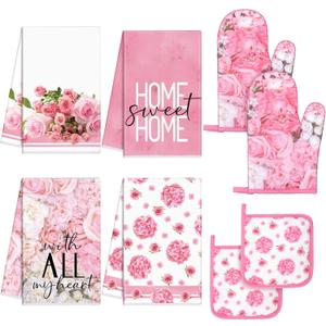 Leinuosen 8 Pcs Pink Rose Kitchen Towels and Dishcloths Sets Oven Mitts and Pot Holders Sets Absorbent Kitchen Gloves Potholders Heat Resistant for Chef Baking Cooking