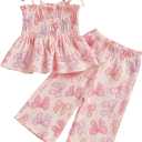 VISGOGO Toddler Baby Girl Outfits Sleeveless Smocked Strap Camisole Linen Pants Bow Baby Summer Clothes (4-5T)