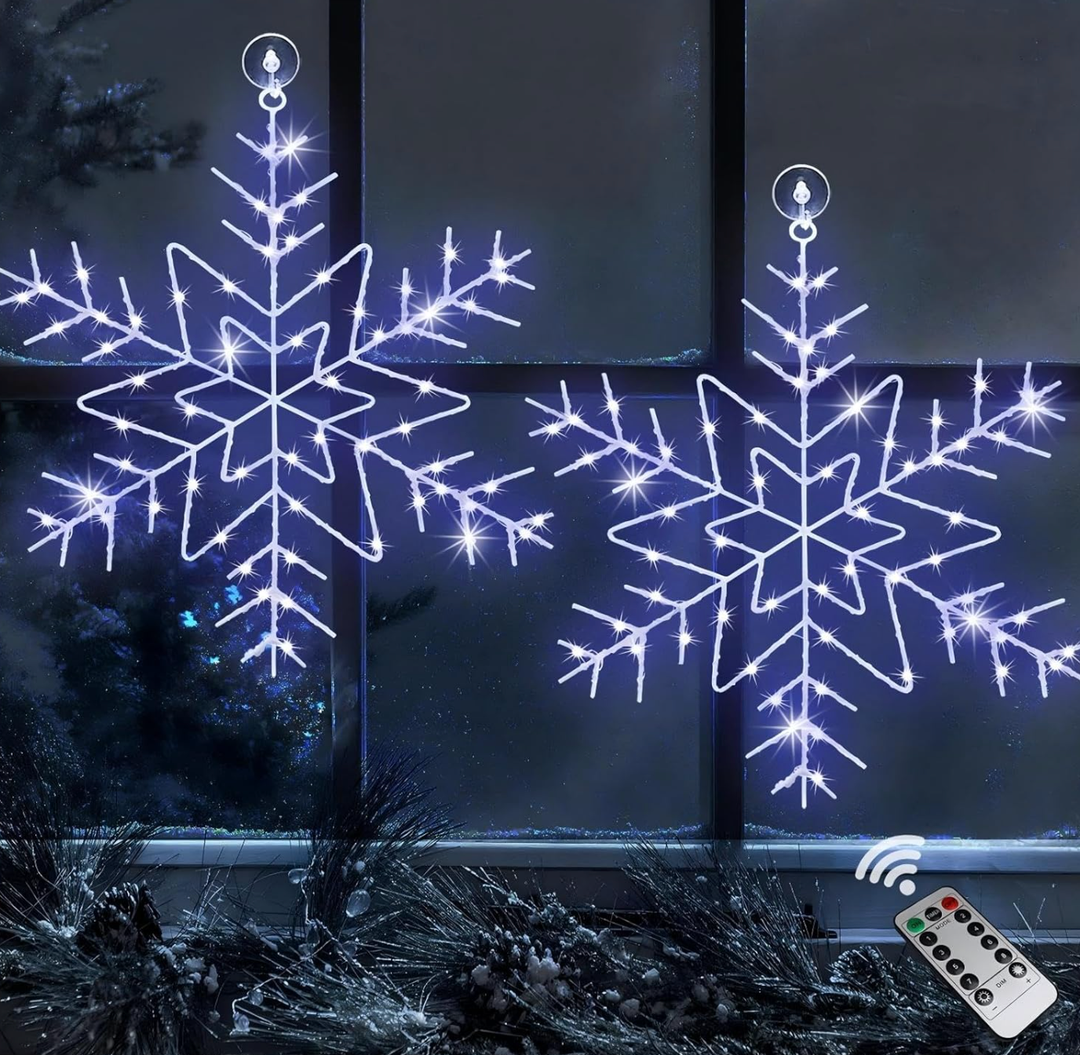 Zimati Christmas Window Lights Decorations, 2 Packs 14" Cool White Snowflake Lights with 8 Lighting Modes Remote Control Timer, USB Powered for Home Xmas Party Decor