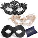 ForUnique Masquerade Mask for Couples Women and Men - 3 Pack Venetian Gold and Black Lace, Mardi Gras Mask