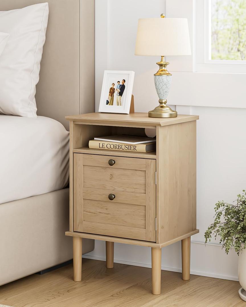 Nightstand, Boho Night Stand with 1 Drawer, Modern Side Accent Table with Open Shelf, Wooden Top Bedside End Table for Bedroom, Living Room, Natural