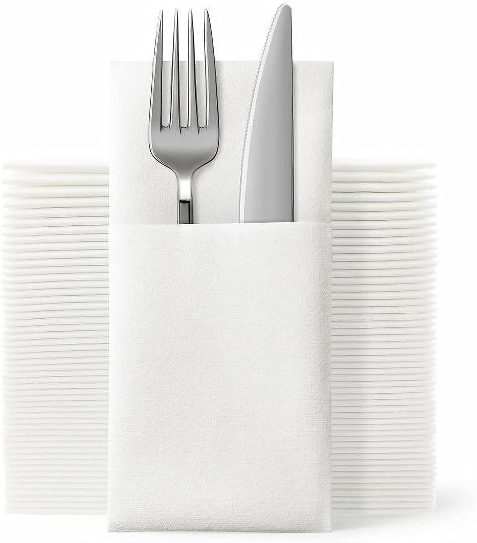 JEBBLAS Disposable Cloth Like Napkins, Built-in Flatware Pocket, Wedding Party Linen Feel White Napkin, Prefolded for Silverware,50 Count