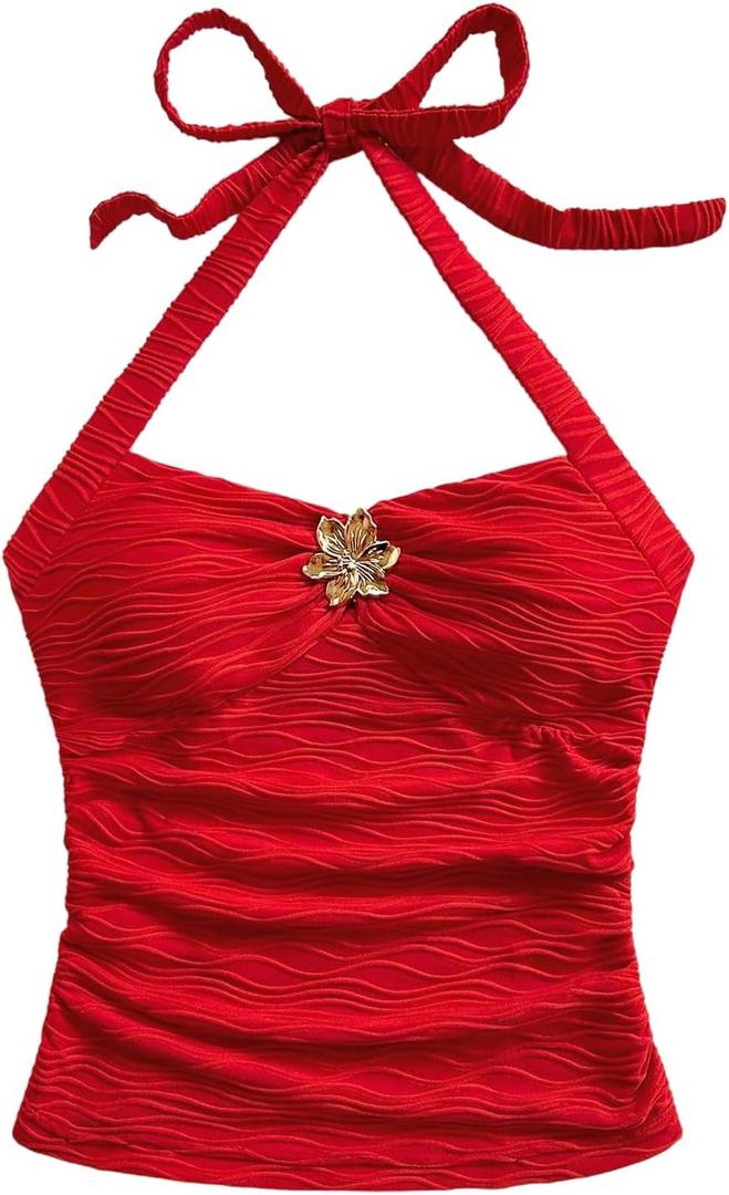 SOLY HUX Women's V Neck Halter Tops Open Back Y2k Ruched Floral Metal Summer Going Out Cami Tops, Small