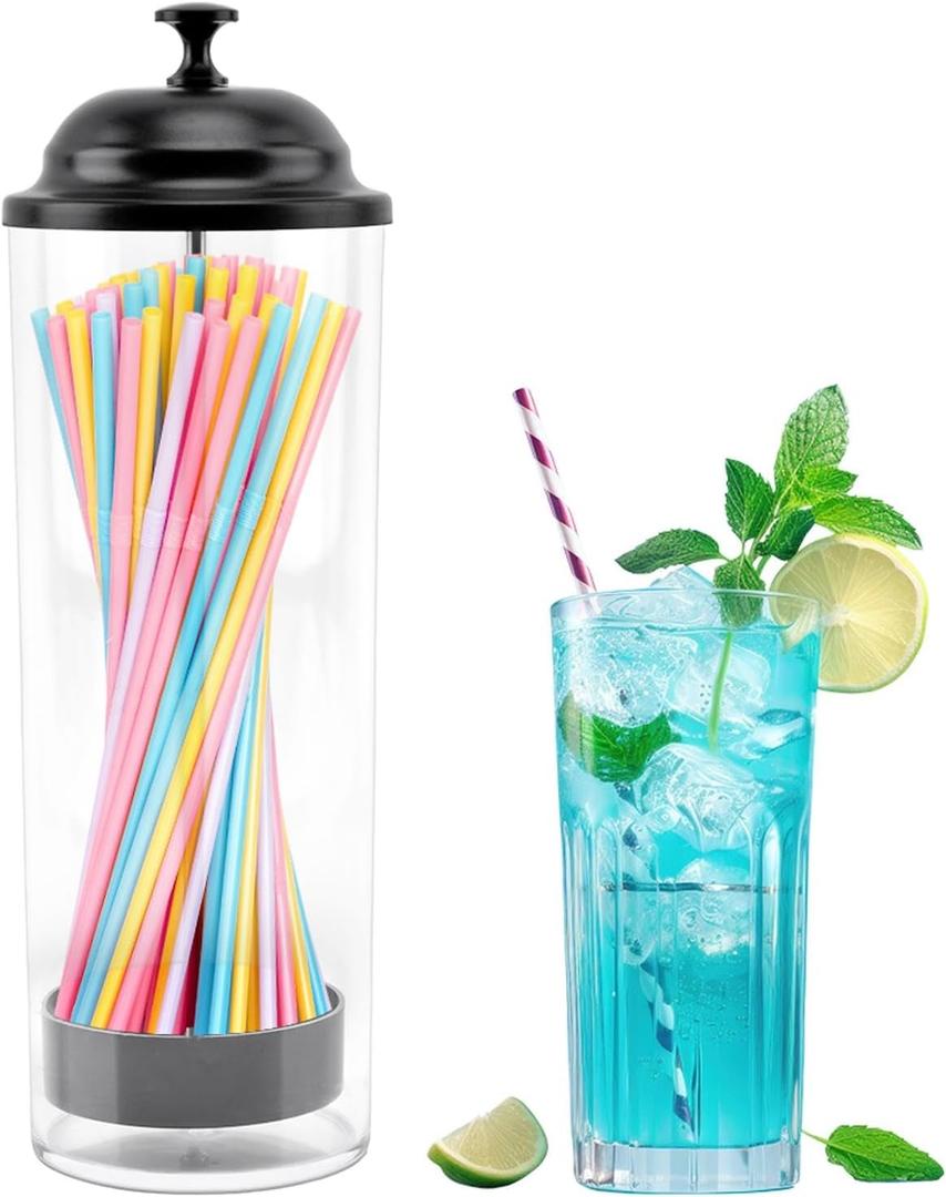 Straw Dispenser with Stainless Steel Lid, Holds Straws Up to 8.5 Inches, Black