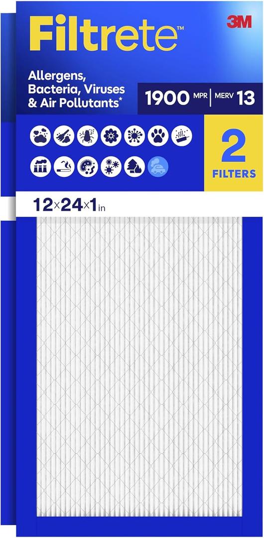 Filtrete 12x24x1 Air Filter, MERV 13 MPR 1900, Allergens, Bacteria, Viruses & Air Pollutants, 3-Month AC/Furnace Filters, Cleaner Air Reliable Airflow, 2 HVAC Filters(Act Size 11.68x23.68x0.78 in)