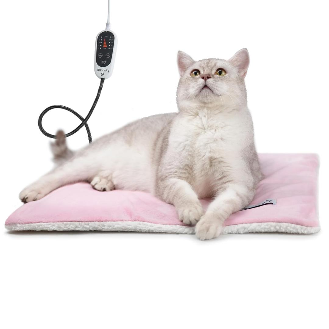 Rest-Eazzzy Cat Heating Pad, Cat Bed with Removable Cover Heated Cat Bed 5 Level Timer and 5 Level Temperature, Cat Beds for Indoor Warming Mat for Cat Dog (Pink) (Small-1 Pack)
