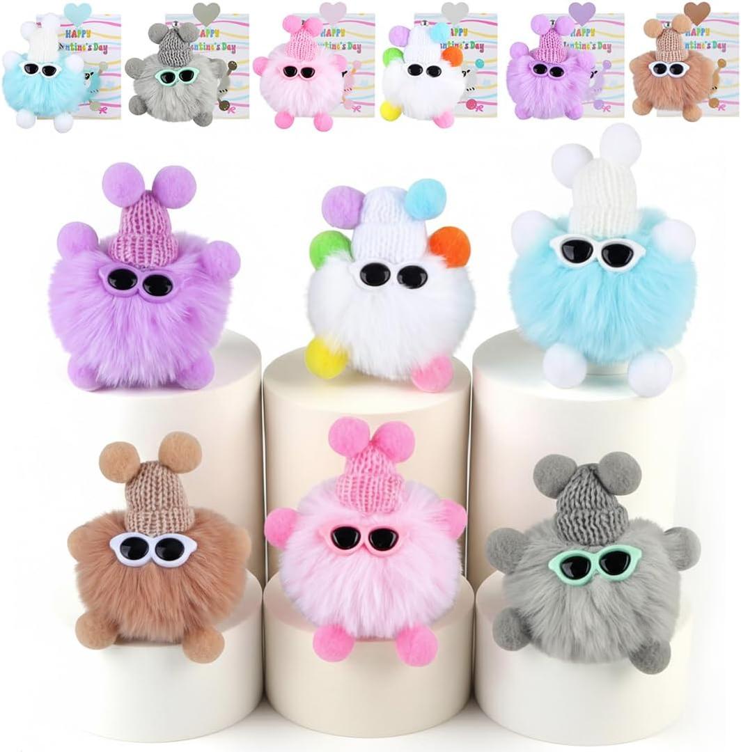 Valentines Day Cards and Gifts for Kids School 24 Pack Cartoon Plush Keychain Set Classroom Exchange for Students with Stuffed Toys
