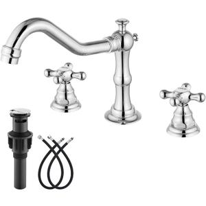gotonovo Bathroom Faucet 3 Hole 8 Inch Widespread Bathroom Sink Faucet 2 Cross Handles Vintage Lavatory Vanity Mixer Tap with Pop Up Drain, HOT Cold Label, Polish Chrome