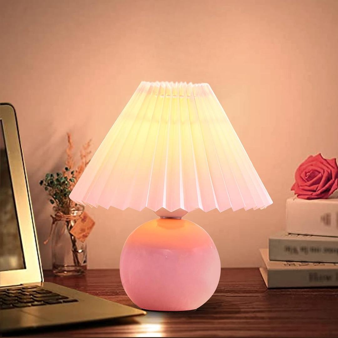 Zenply Korean Pleated Table Lamp, Bedside Nightstand Mini Lamp for Bedroom Living Room Side Table Small Spaces (Ceramic-pink)